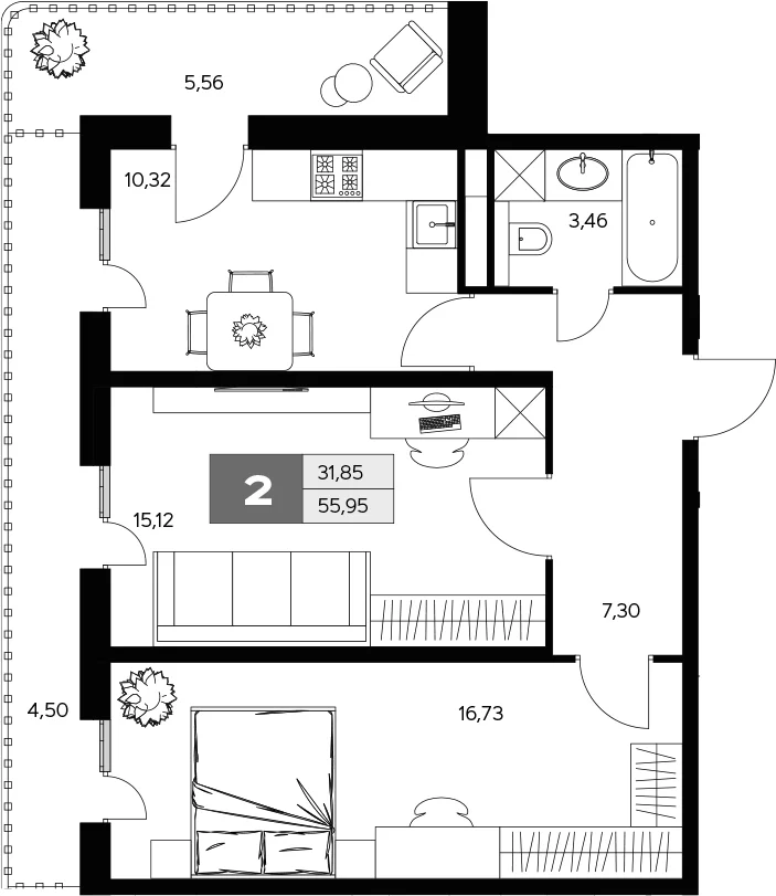 Планировка: 2-комнатная квартира 52,9 м² в ЖК «Ласточкино»