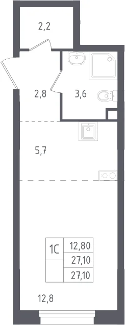 Планировка: Студия 27,1 м² в ЖК «Ольховый квартал»