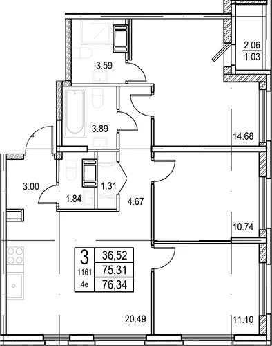 Планировка: Квартира евро-4 75,3 м² в ЖК «ID Murino III»