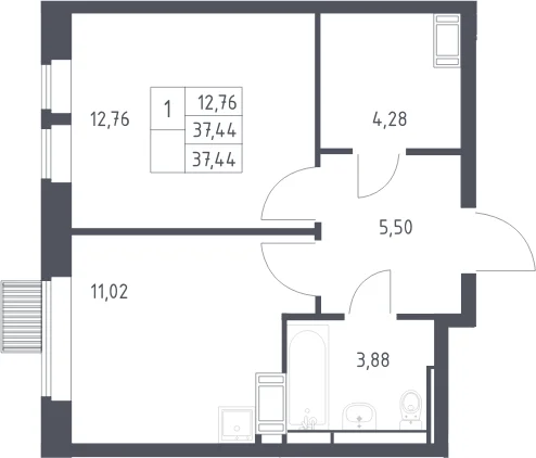 Планировка: 1-комнатная квартира 37,4 м² в ЖК «Большое Путилково»