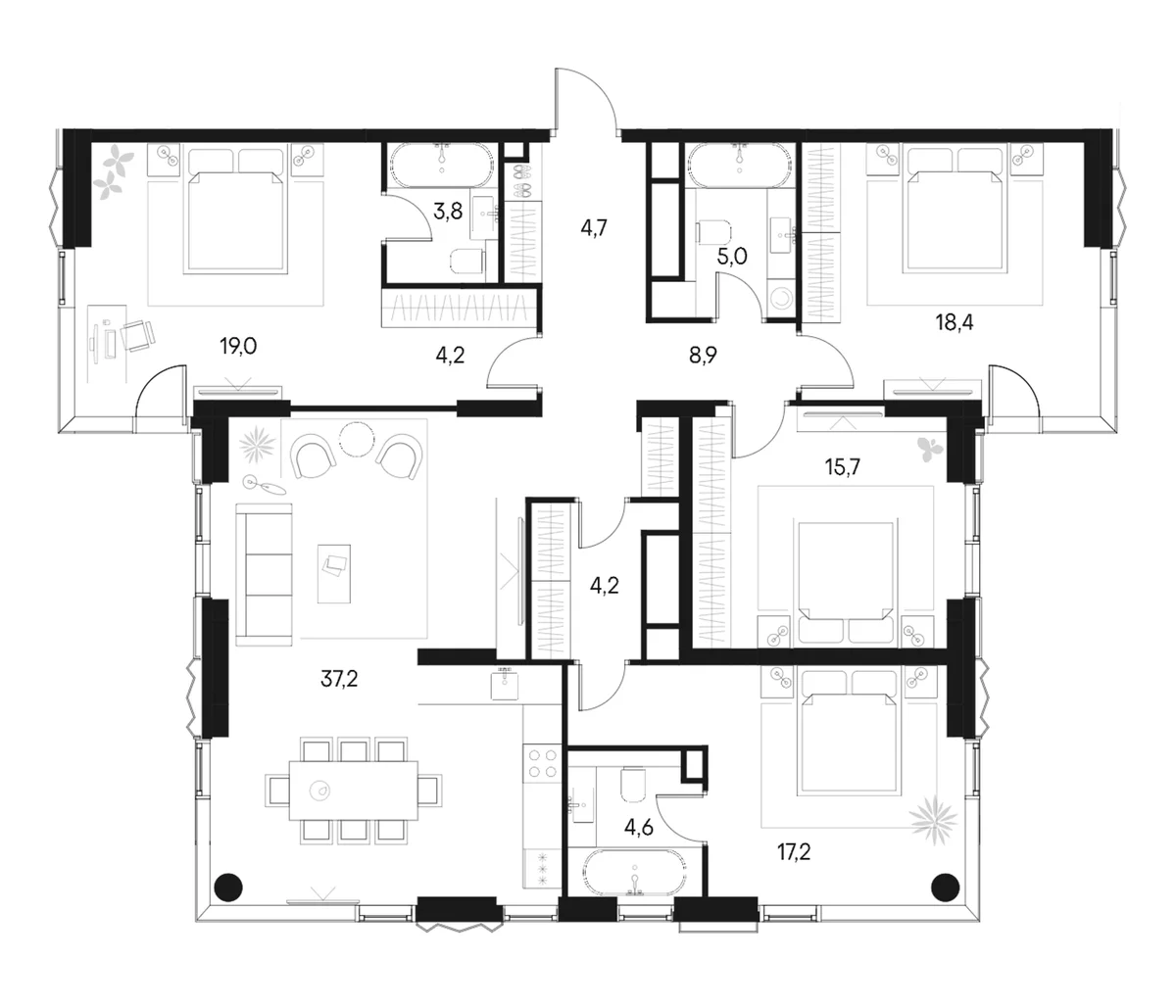 Планировка: Квартира евро-5 142,9 м² в ЖК «Клубный город на реке Примавера»