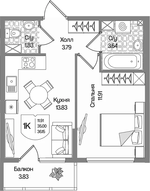 Планировка: 1-комнатная квартира 35 м² в ЖК «Охтинские высоты»