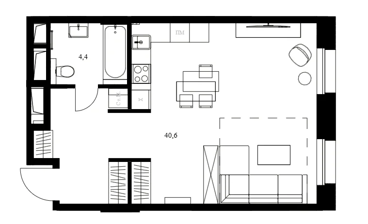 Планировка: Студия 45 м² в ЖК «Резиденции архитекторов»