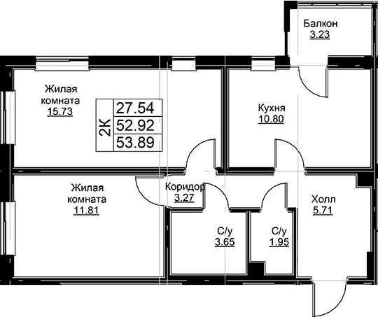 Планировка: 2-комнатная квартира 52,9 м² в ЖК «Тишин»