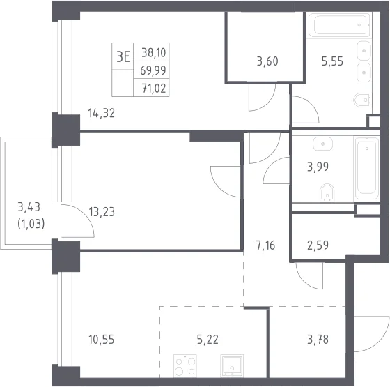 Планировка: Евротрёшка 70 м² в ЖК «НОВА»