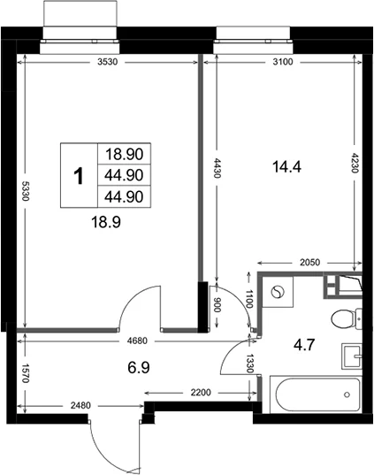 Планировка: 1-комнатная квартира 44,9 м² в ЖК «Кореневский Форт 2.3»
