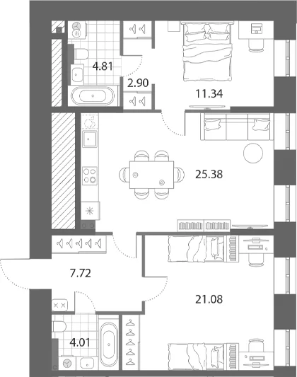 Планировка: Евротрёшка 77,2 м² в ЖК «Нева Арт»