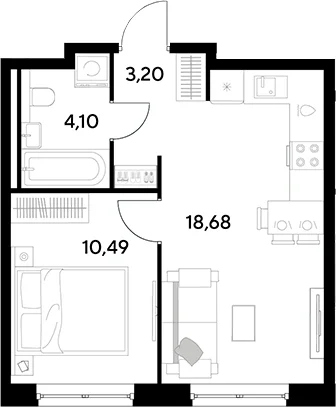 Планировка: Евродвушка 36,5 м² в ЖК «Космопарк»
