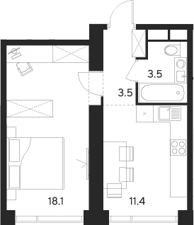 Планировка: 1-комнатная квартира 36,5 м² в ЖК «Инди Тауэрз от Аквилон»