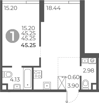 Планировка: 1-комнатная квартира 45,3 м² в ЖК «Мневники от Гранель»