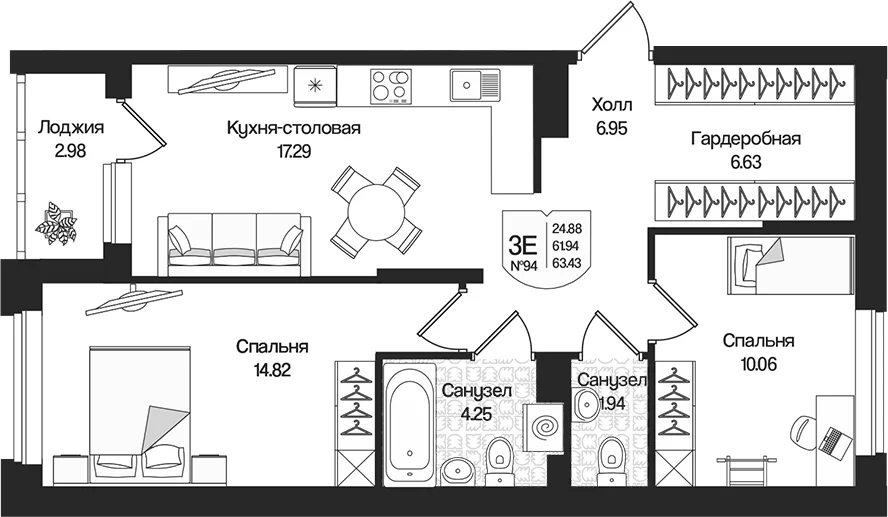 Планировка: Евротрёшка 61,9 м² в ЖК «Охтинские высоты»