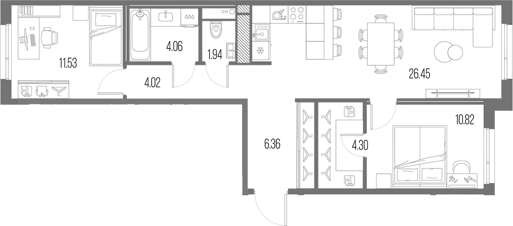Планировка: Евротрёшка 69,5 м² в ЖК «Легенда Васильевского»