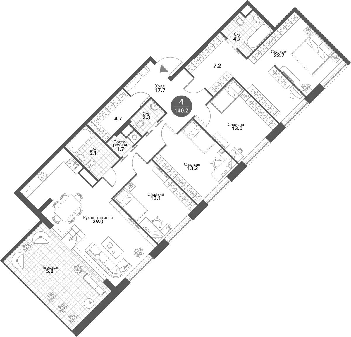 Планировка: Квартира евро-5 134,4 м² в ЖК «Воксхолл»