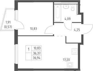 Планировка: Евродвушка 36,4 м² в ЖК «Егорово парк»