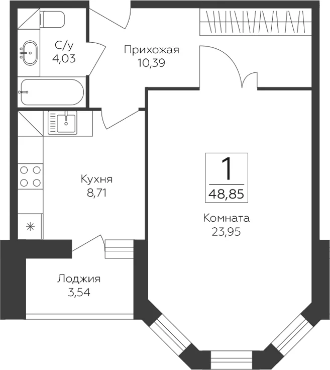 Планировка: 1-комнатная квартира 47,1 м² в ЖК «Пахра Сити»