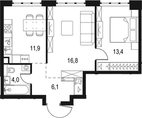 Планировка: 2-комнатная квартира 52,2 м² в ЖК «Левел Южнопортовая»