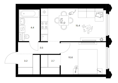 Планировка: 1-комнатная квартира 39,8 м² в ЖК «Бусиновский парк»