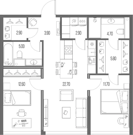 Планировка: 2-комнатная квартира 72,2 м² в ЖК «Северный Порт»