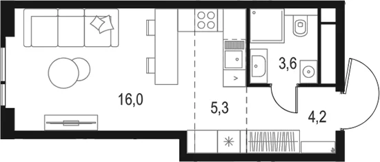 Планировка: Студия 29,1 м² в ЖК «Левел Войковская»