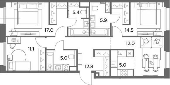Планировка: Квартира евро-4 88,7 м² в ЖК «Станиславский»