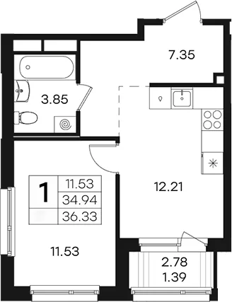 Планировка: 1-комнатная квартира 34,9 м² в ЖК «Парголово»