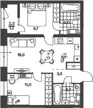 Планировка: Евротрёшка 50,8 м² в ЖК «Новый Питер»