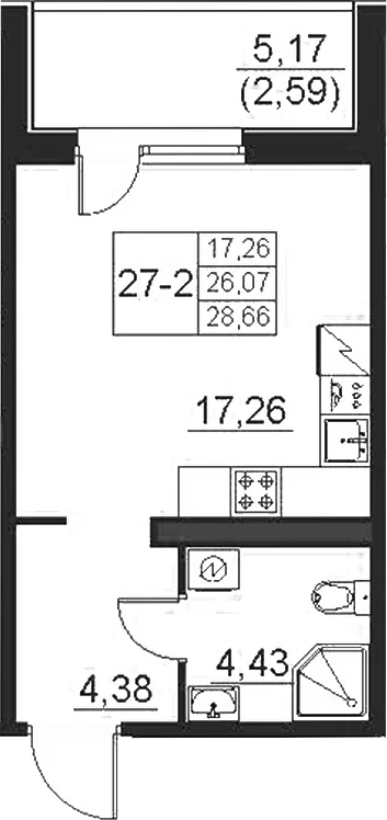 Планировка: Студия 26,1 м² в ЖК «Поинт Токсово»