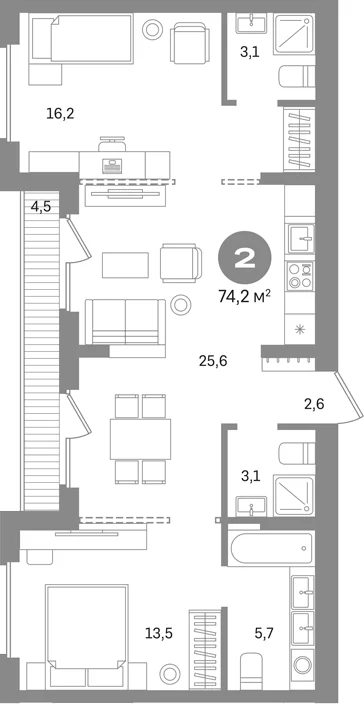 Планировка: 2-комнатная квартира 69,7 м² в ЖК «Первый квартал. Вторая очередь»