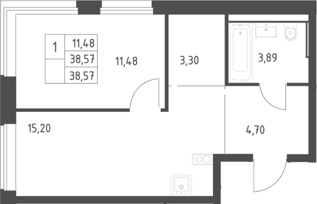 Планировка: Евродвушка 38,6 м² в ЖК «Литературный Квартал»