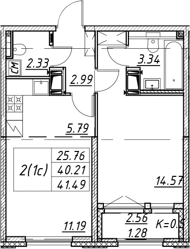 Планировка: Евродвушка 40,2 м² в ЖК «Цивилизация на Неве»