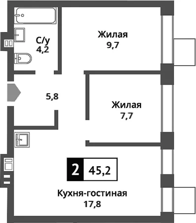 Планировка: Евротрёшка 45,2 м² в ЖК «Никольский квартал Отрада»