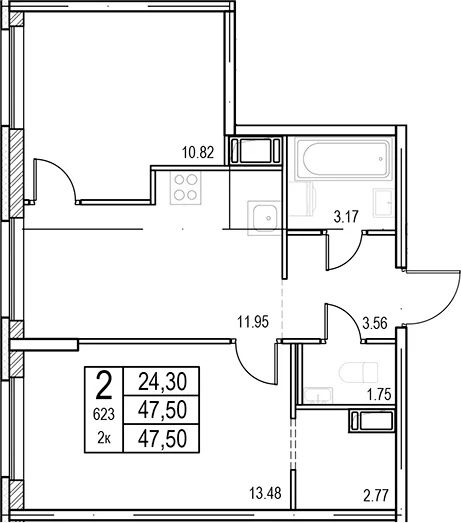Планировка: 2-комнатная квартира 47,5 м² в ЖК «ID Murino III»