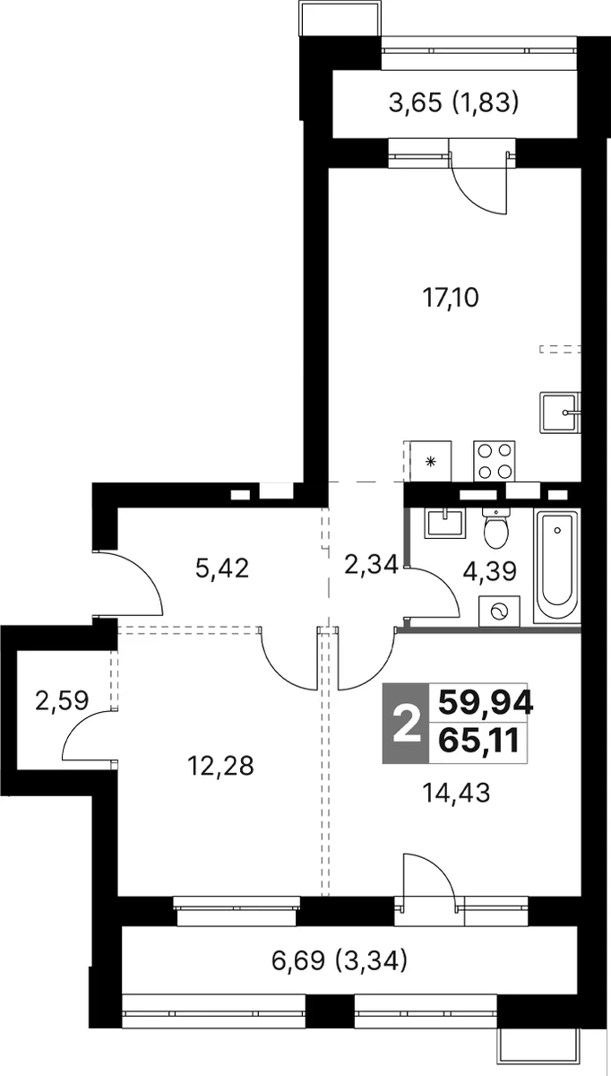 Планировка: Евротрёшка 59,9 м² в ЖК «Жаворонки Клаб»