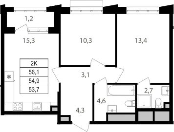 Планировка: 2-комнатная квартира 54,8 м² в ЖК «Михалковский»