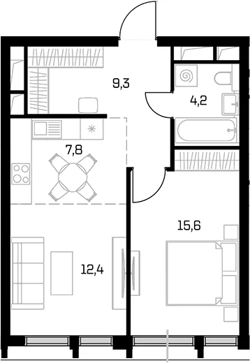 Планировка: Евродвушка 49,3 м² в ЖК «Дом 56»