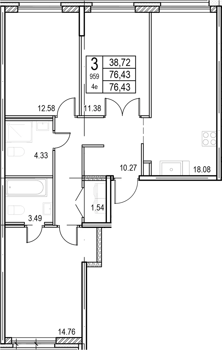 Планировка: Квартира евро-4 76,4 м² в ЖК «ID Murino III»