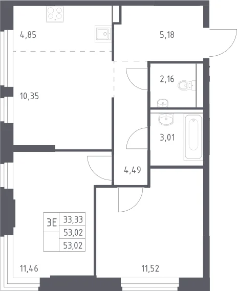 Планировка: Евротрёшка 53 м² в ЖК «Пригород Лесное»