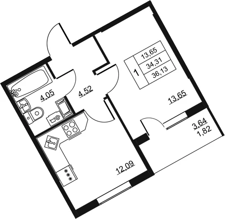 Планировка: 1-комнатная квартира 34,3 м² в ЖК «Высота. Всеволожск»