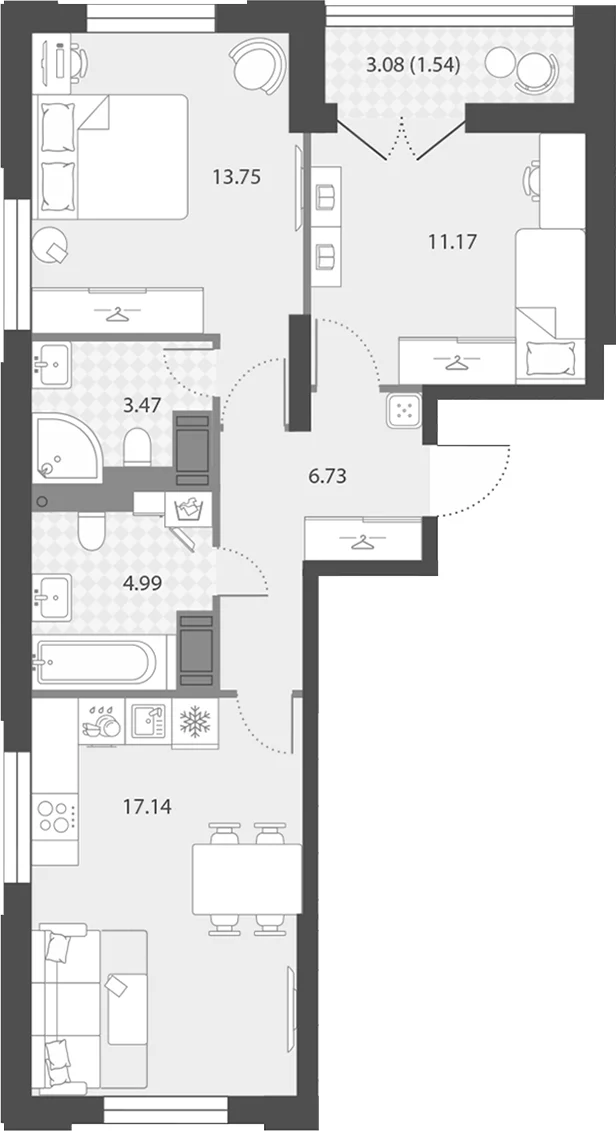 Планировка: Евротрёшка 57,3 м² в ЖК «Цивилизация на Неве»