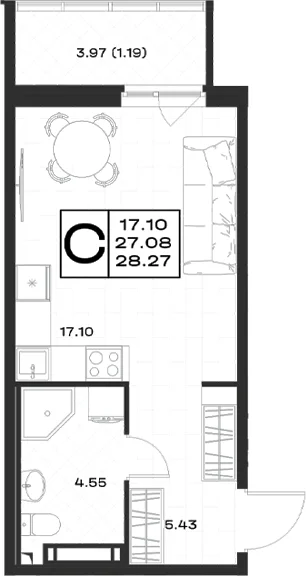 Планировка: Студия 27,1 м² в ЖК «Имена»