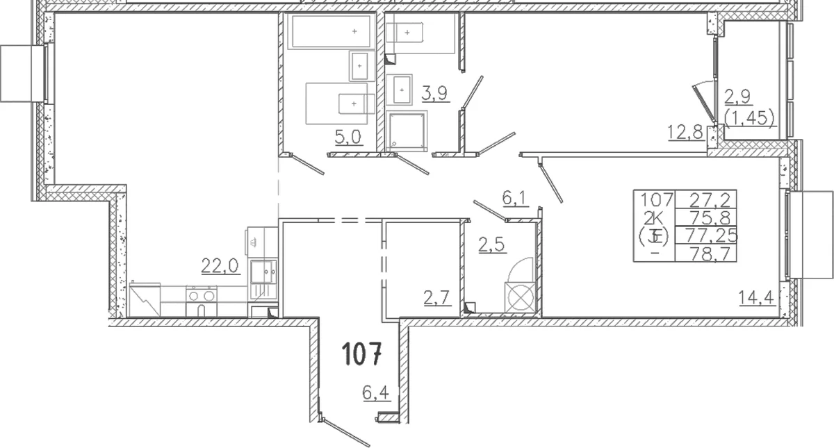 Планировка: Евротрёшка 75,8 м² в ЖК «Лисино»