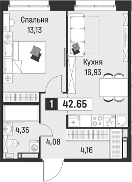 Планировка: Евродвушка 42,7 м² в ЖК «Символист»