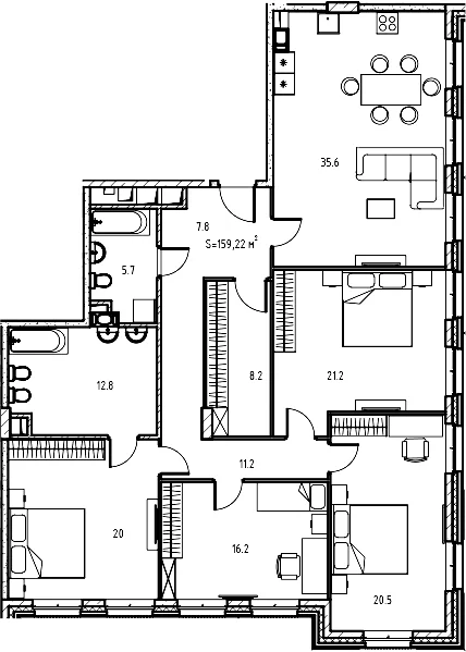 Планировка: Квартира евро-5 152,8 м² в ЖК «Клубный дом Манхеттен»