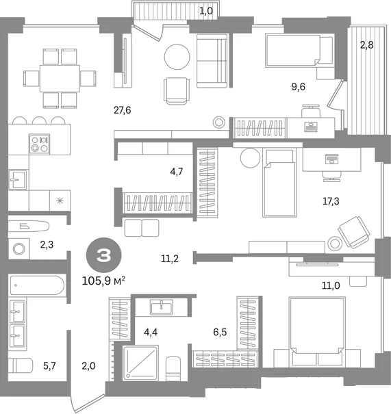 Планировка: 3-комнатная квартира 102,1 м² в ЖК «Первый квартал. Вторая очередь»