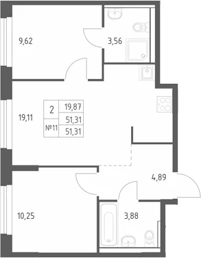 Планировка: Евротрёшка 51,3 м² в ЖК «Большое Юрлово»
