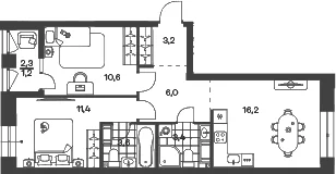 Планировка: Евротрёшка 54,4 м² в ЖК «Новый Питер»