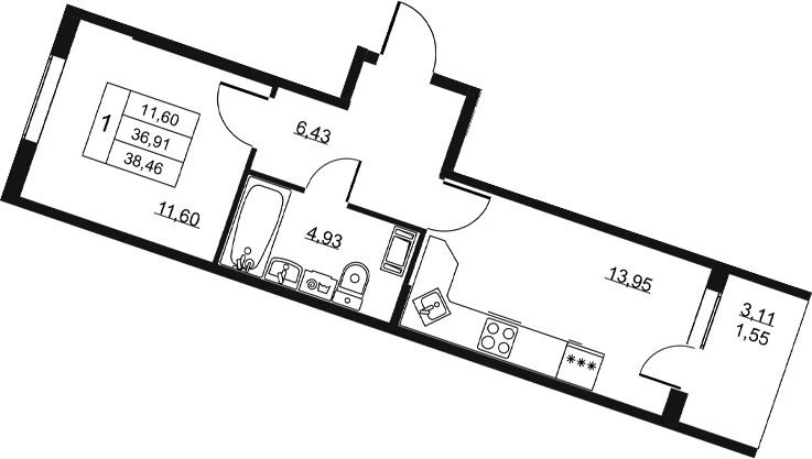 Планировка: 1-комнатная квартира 36,9 м² в ЖК «Высота. Всеволожск»