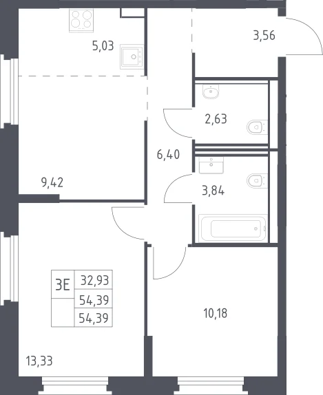 Планировка: Евротрёшка 54,4 м² в ЖК «Квартал Строгино»