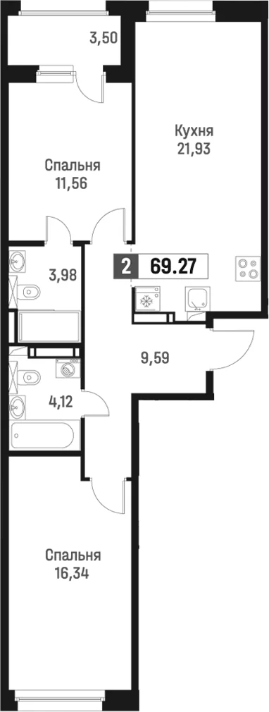 Планировка: Евротрёшка 67,5 м² в ЖК «Максималист»