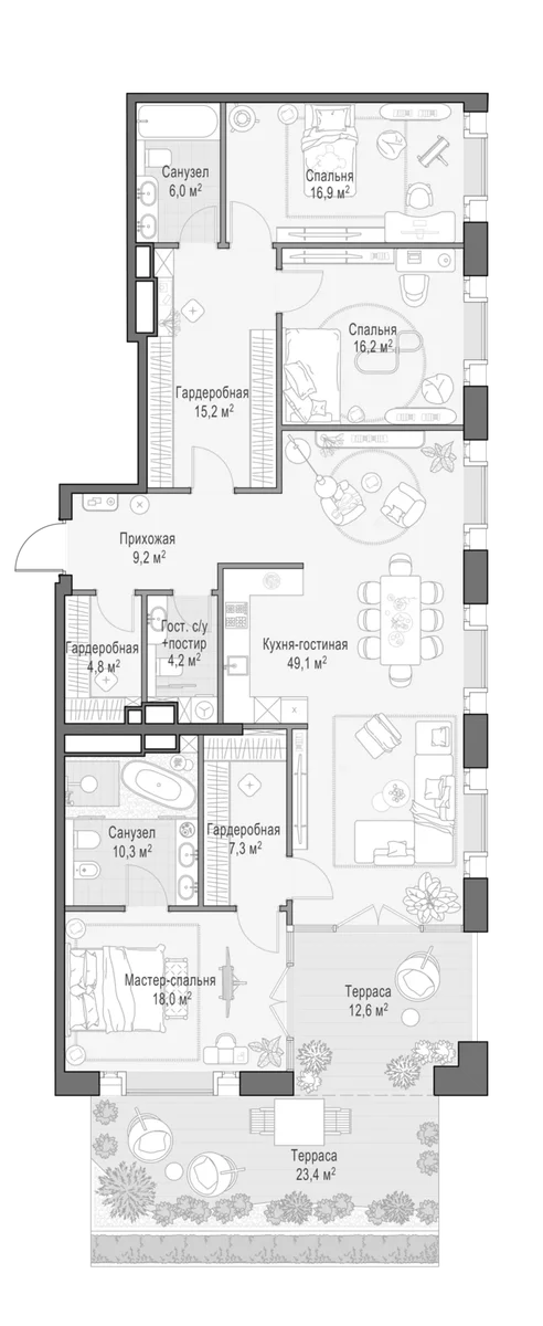 Планировка: Квартира евро-4 167,5 м² в ЖК «Клубный квартал Фрунзенский»
